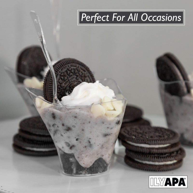 Ilyapa 3.5oz Plastic Dessert Cups - 100 Pack Mini Dessert Cups with Spoons - Clear Reusable Small Appetizer Cup for Cheesecake Shooters, Chocolate Mousse - Party and Catering Supplies - Parfait - Image 3